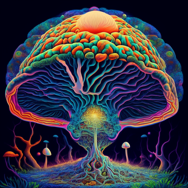 a brain with mushrooms growing from it and a spiritual and mystical background in psychedelic style