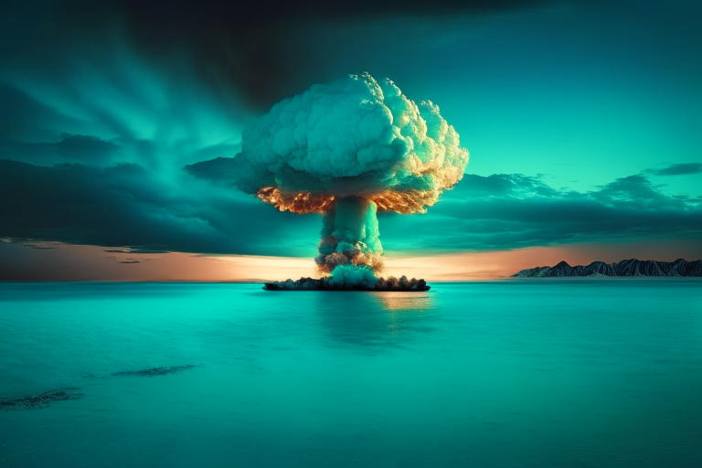 a nuclear explosion in turquoise water with a dark cloudy sky at dawn and hot land