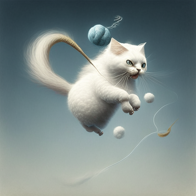 a flying cat with a snake tail holding a cotton ball