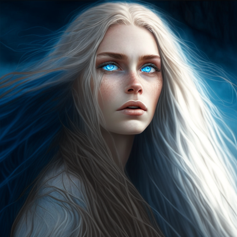 a beautiful woman with long, flowing hair and piercing blue eyes, looking off into the distance