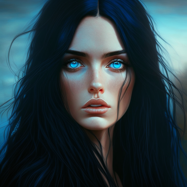 a beautiful woman with long, black hair and piercing blue eyes, looking off into the distance