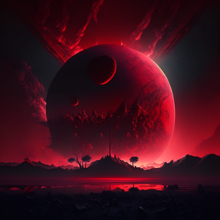 a dark red sky with many worlds