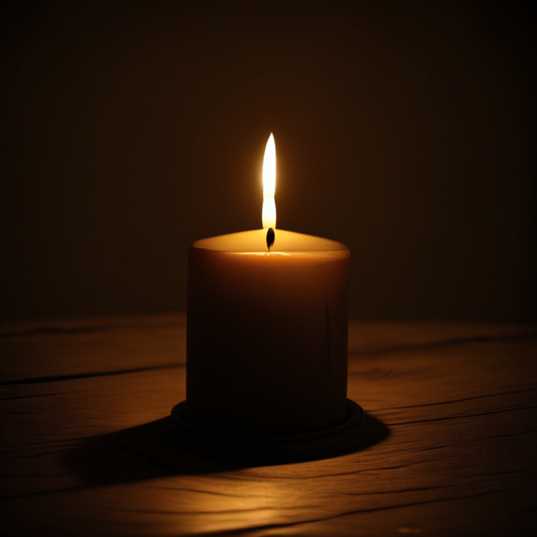 a lit candle on a wooden table with a dark background, casting a warm glow, turning into a heart shape