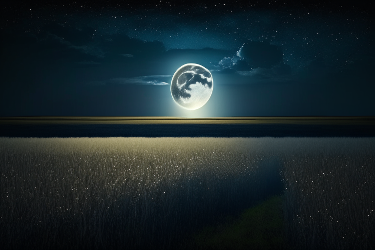 A vast, open field with a bright, full moon illuminating the night sky