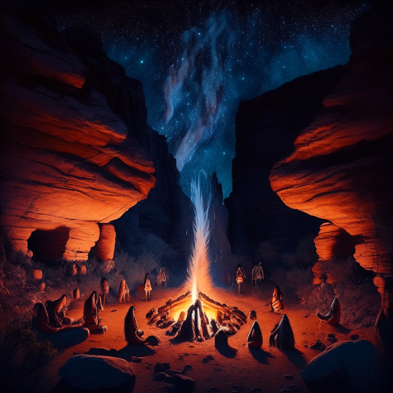 a native american gathering in the night inside a canyon with a big bonfire in the center and a mystical and spiritual night sky