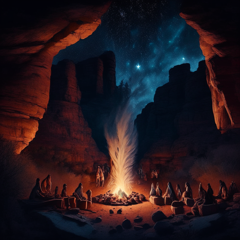 a native american gathering in the night inside a canyon with a big bonfire in the center and a mystical and spiritual night sky