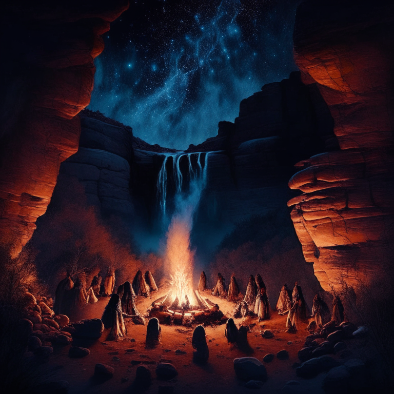 a native american gathering in the night inside a canyon with a big bonfire in the center and a mystical and spiritual night sky