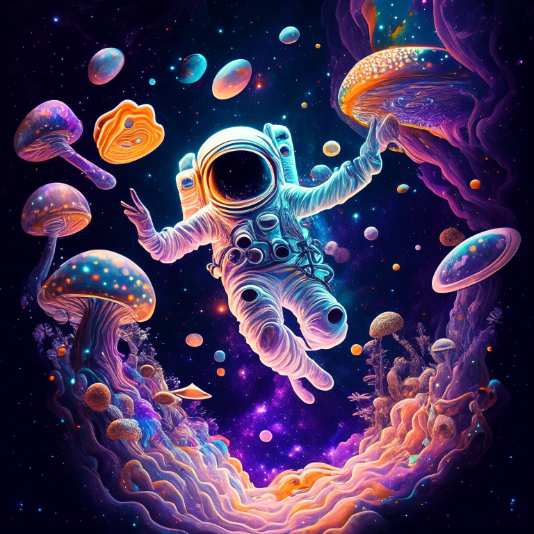 an astronaut floating in a mystical space with mushrooms instead of stars and galaxies in psychedelic style