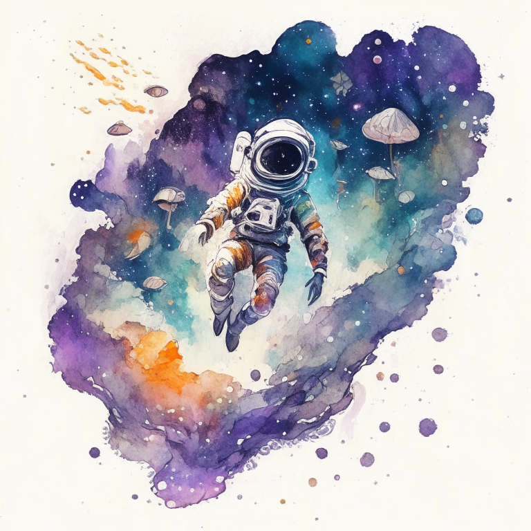 an astronaut floating in a mystical space with mushrooms instead of stars and galaxies in watercolor style