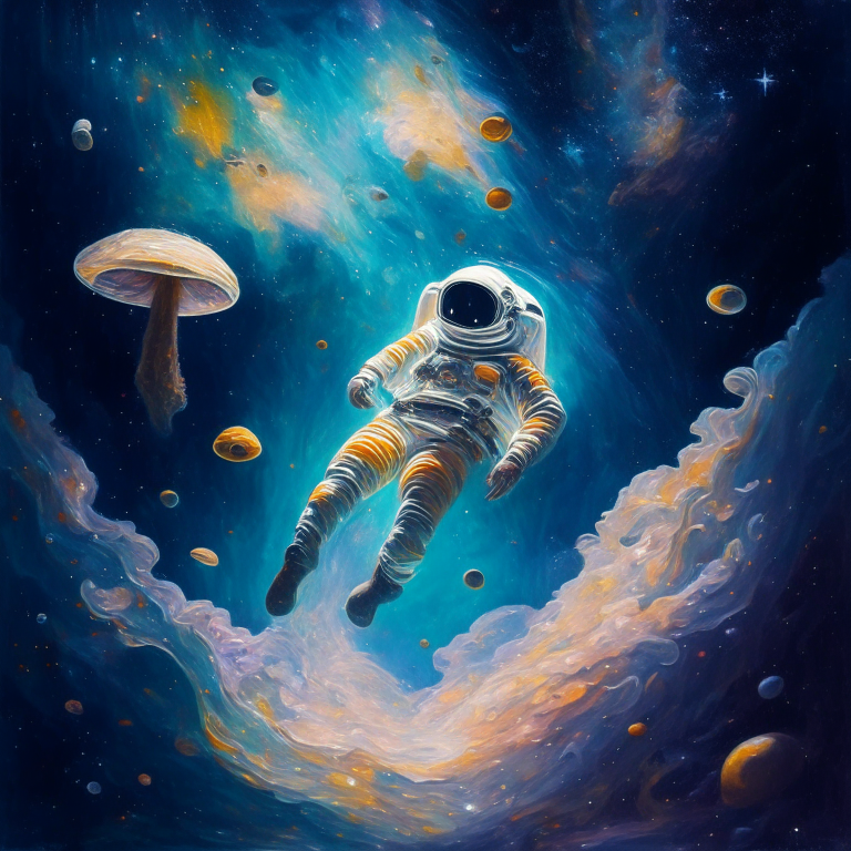 an astronaut floating in a mystical space with mushrooms instead of stars and galaxies in oil painting style