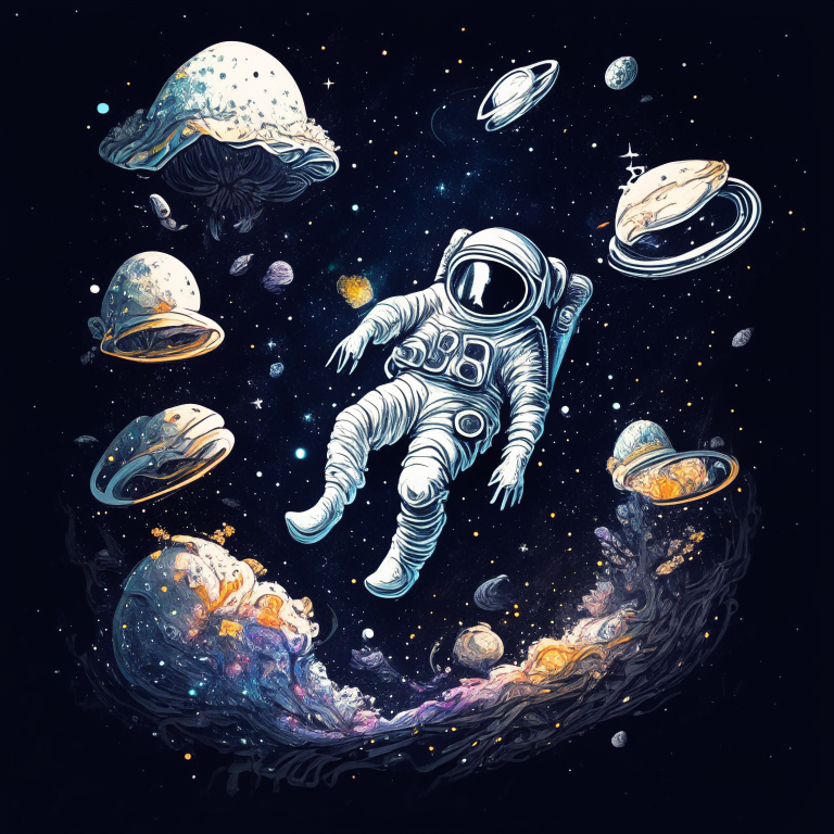 an astronaut floating in a mystical space with mushrooms instead of stars and galaxies in sketch style