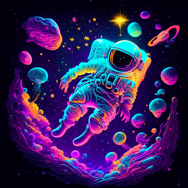 an astronaut floating in a mystical space with mushrooms instead of stars and galaxies in neon style