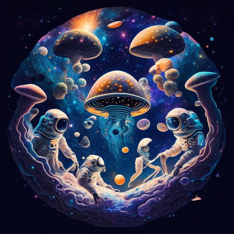 a group of astronauts gathering and floating in the space with stars with the shape of mushrooms and galaxies with the shape of eyes with a mystical background in psychedelic style