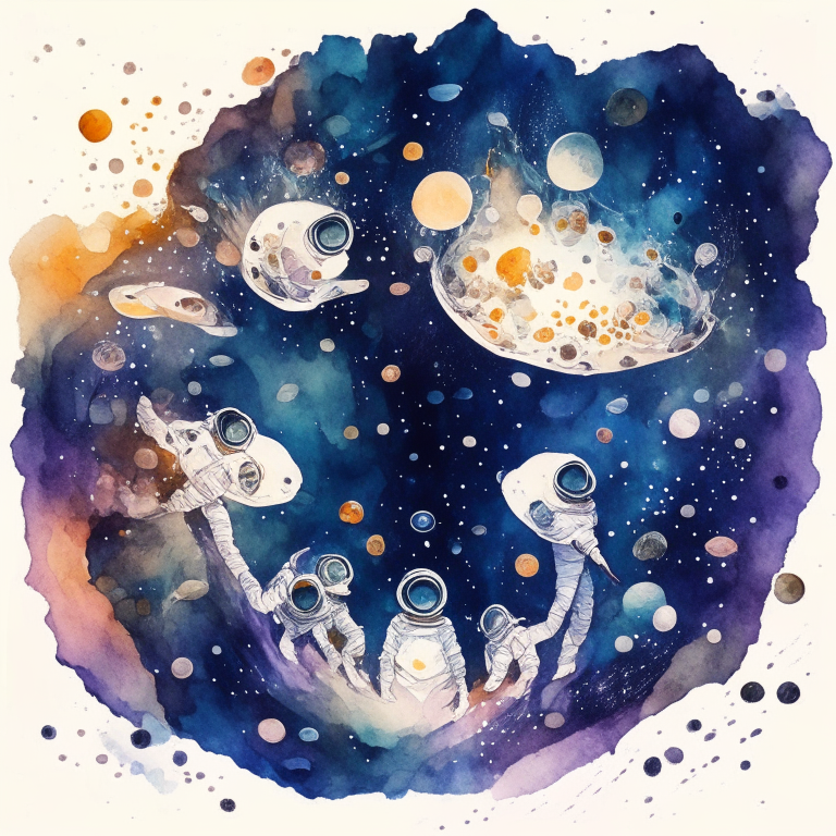 a group of astronauts gathering and floating in the space with stars with the shape of mushrooms and galaxies with the shape of eyes with a mystical background in watercolor style