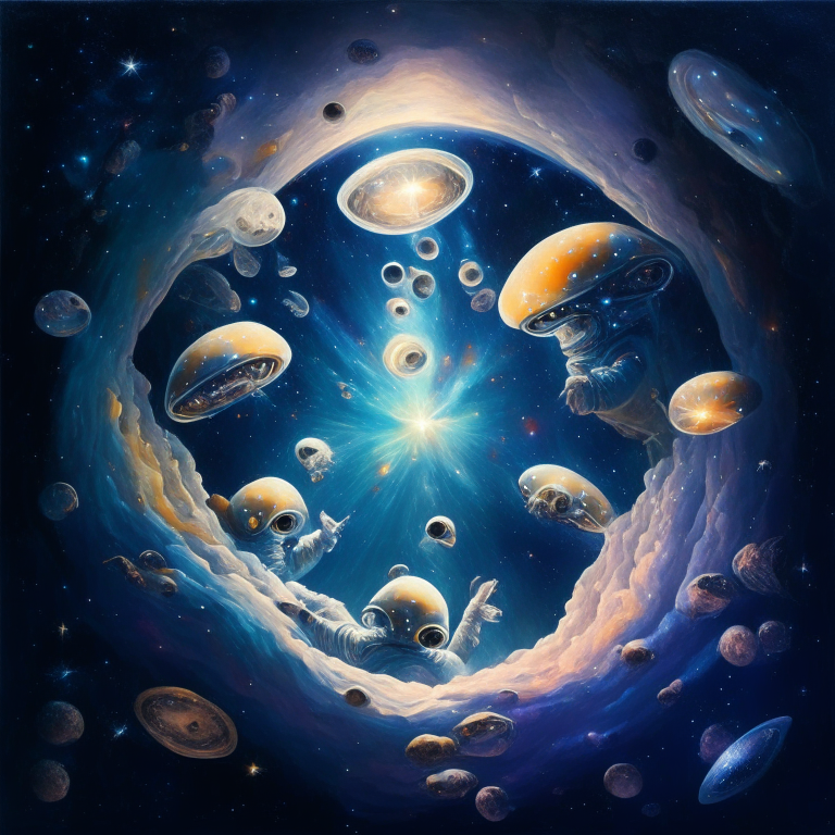 a group of astronauts gathering and floating in the space with stars with the shape of mushrooms and galaxies with the shape of eyes with a mystical background in oil painting style