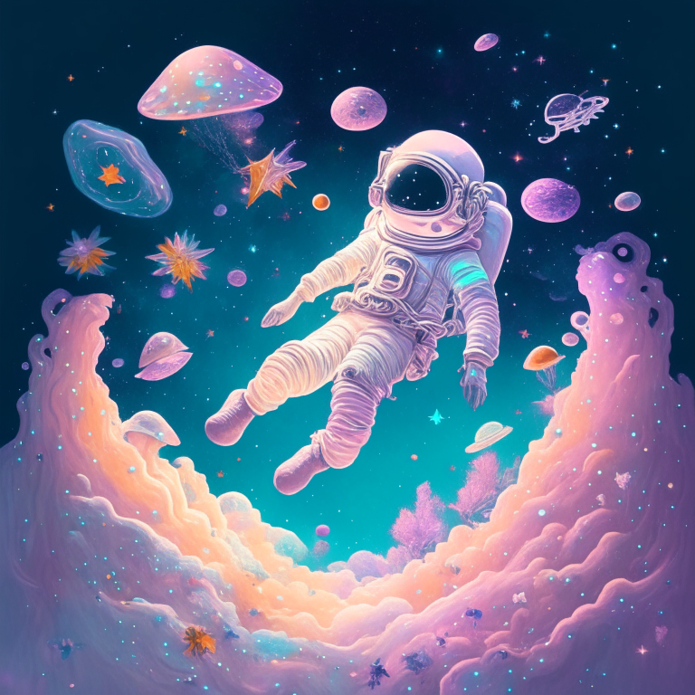 an astronaut floating in a mystical space with mushrooms instead of stars and galaxies in pastel style