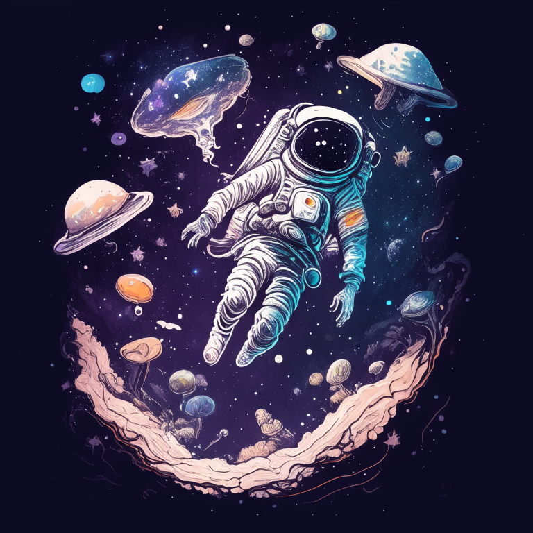 an astronaut floating in a mystical space with mushrooms instead of stars and galaxies in sketch style