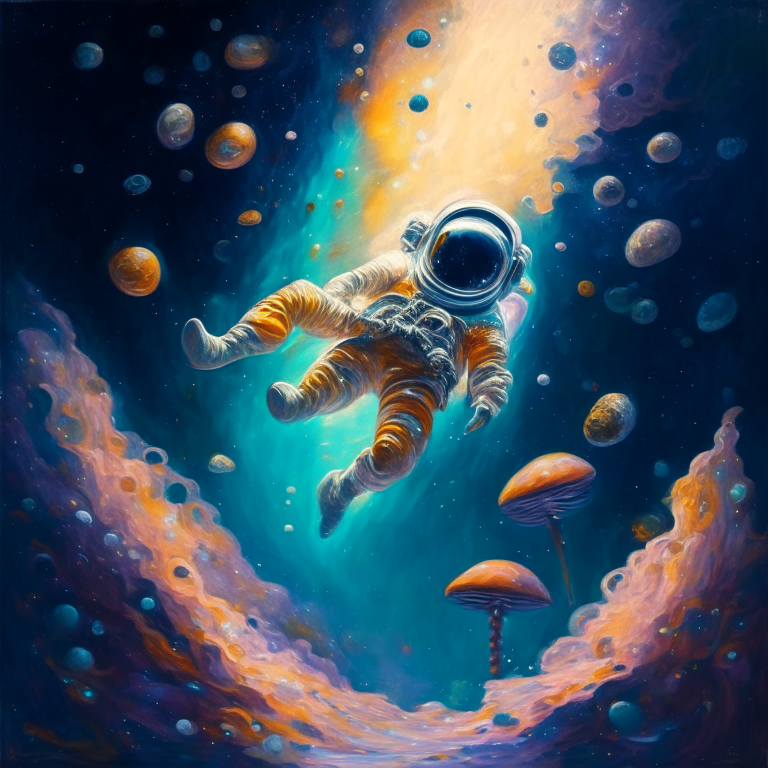 an astronaut floating in a mystical space with mushrooms instead of stars and galaxies in oil painting style