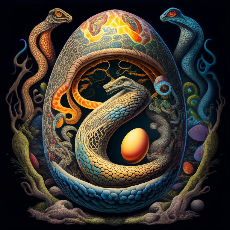 an orphic egg with a snake full of symbols surrounded by mushrooms in psychedelic realistic style