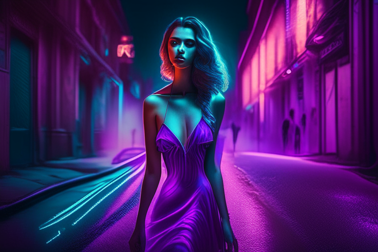 una modella con un abito viola lungo e vaporoso che cammina lungo una strada del Queens, con luci al neon che illuminano la scena