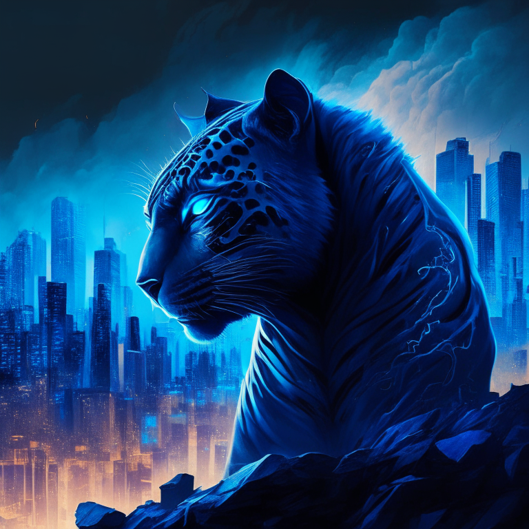 a blue tiger with a city in the background, featuring a futuristic skyline with electric blue and azure colors, and a dark and mysterious atmosphere