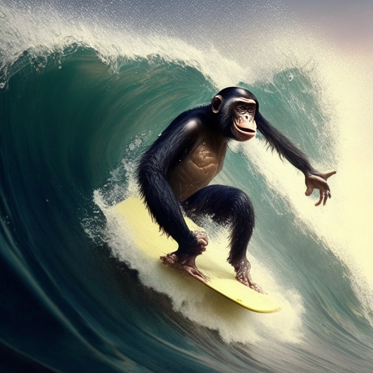 a chimpanzee surfing on a massive wave