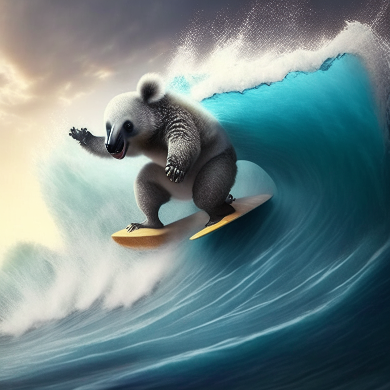 a koala surfing on a massive wave