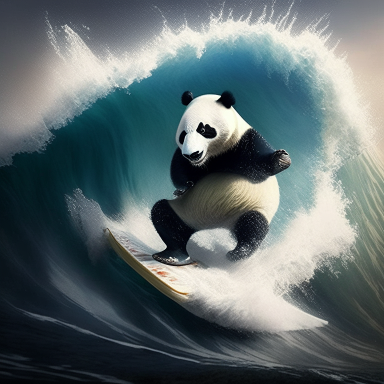 a panda surfing on a massive wave