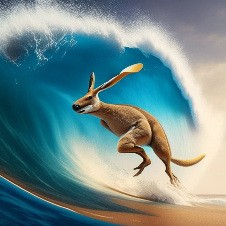 a kangaroo surfing on a massive wave