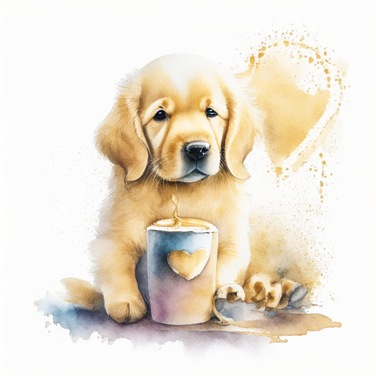 a Golden Retriever puppy drinking a latte with heart-shaped art in a watercolor style