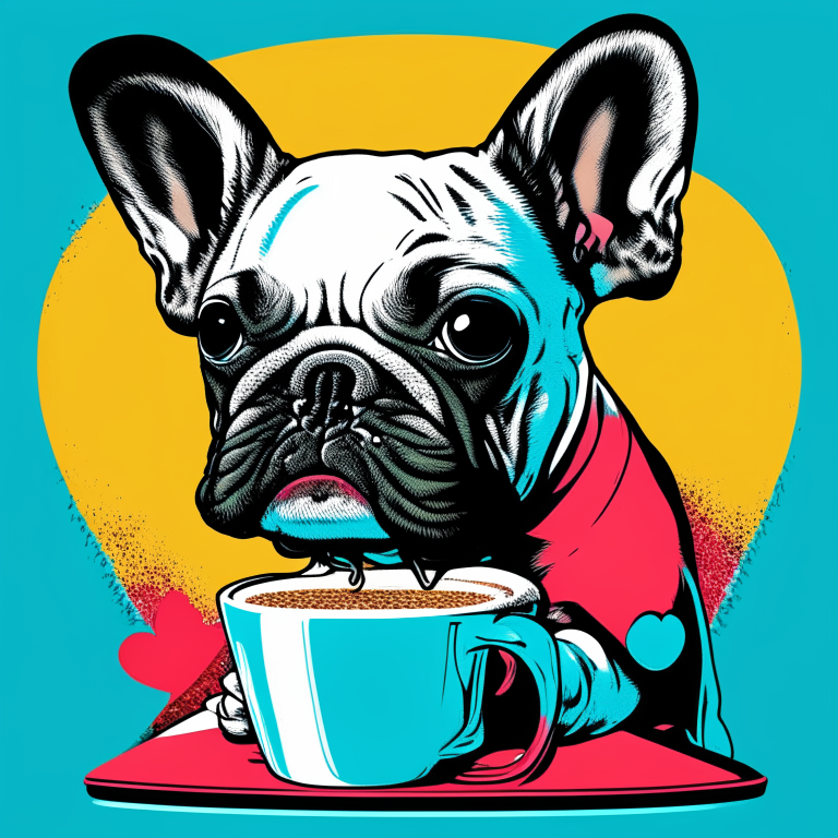 a French Bulldog puppy drinking a latte with heart-shaped art in a pop art style