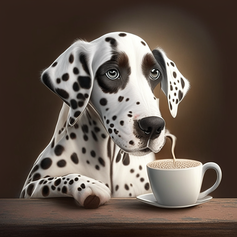 a Dalmatian puppy drinking a latte with heart-shaped art in a realistic style