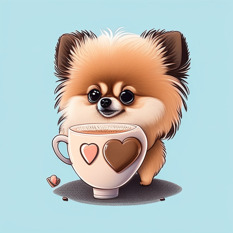 a Pomeranian puppy drinking a latte with heart-shaped art in a cartoon style