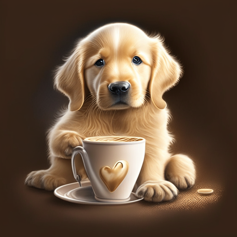 a Golden Retriever puppy drinking a latte with heart-shaped art in a realistic style