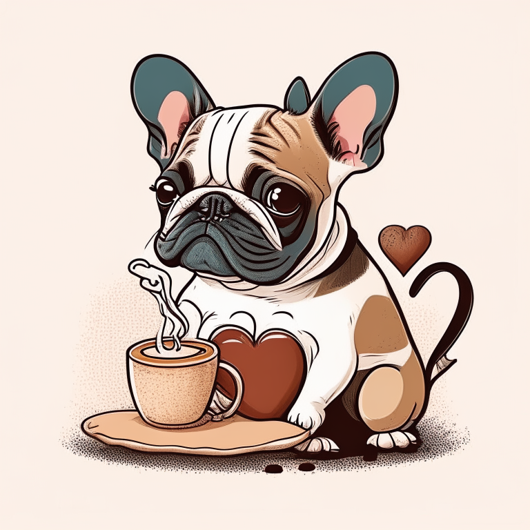 a French Bulldog puppy drinking a latte with heart-shaped art in a cartoon style