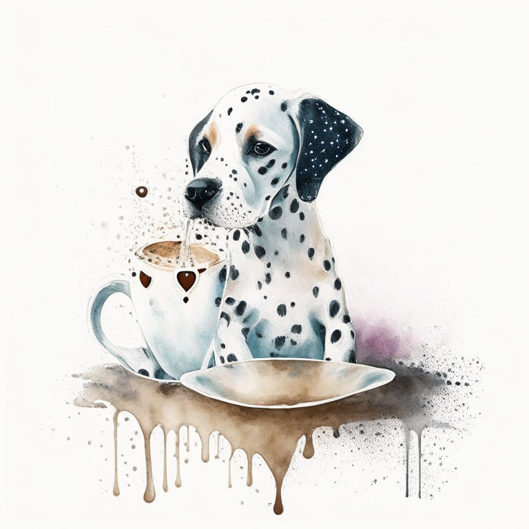 a Dalmatian puppy drinking a latte with heart-shaped art in a watercolor style