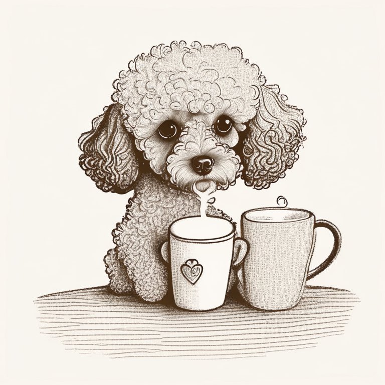 a Poodle puppy drinking a latte with heart-shaped art in a sketch style