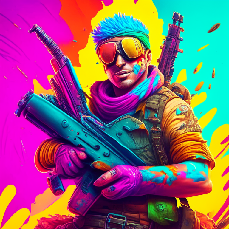 a fictional character holding a shotgun, with a colorful and vibrant background