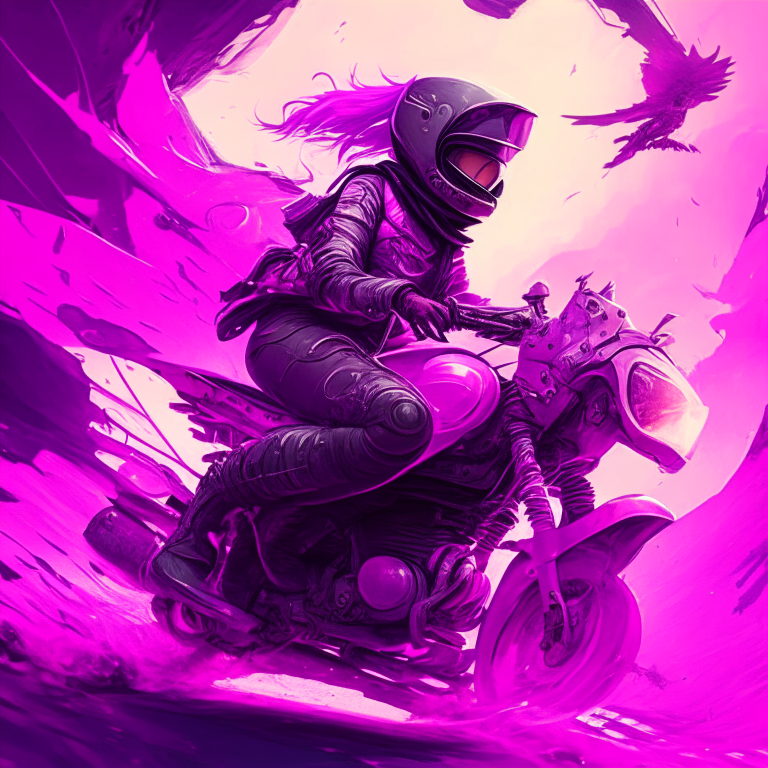 a fictional character on a motorcycle, in a surreal and dreamlike setting with a pink and purple color scheme