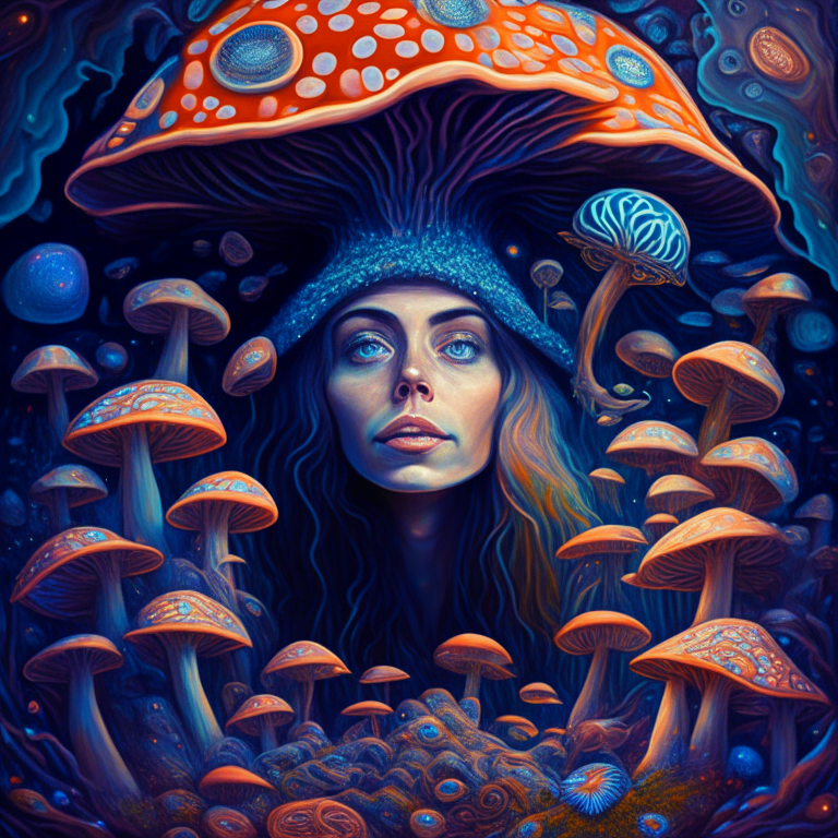 Maria Sabina surrounded by mushrooms in a mystical universe in psychedelic realistic style