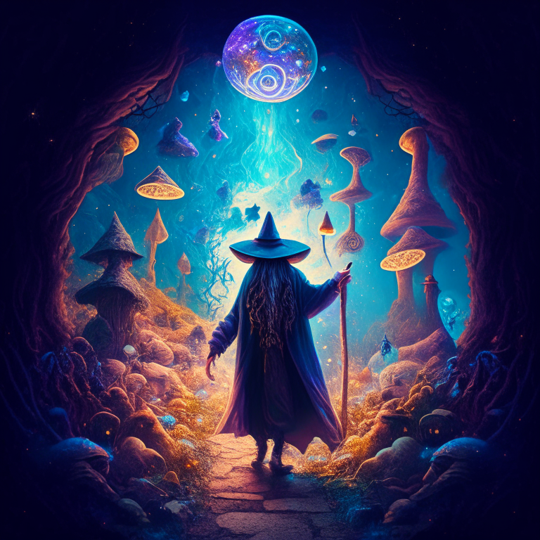 a wizard walking in a mystical dreamscape surrounded by spiritual mushrooms and magical symbols