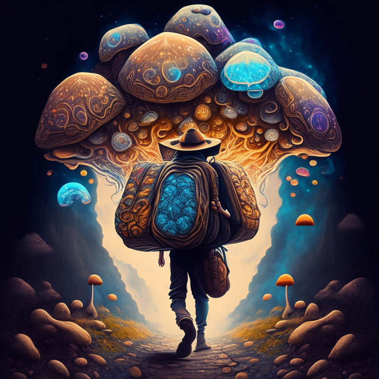 an ancient soul traveling across the multiverses carrying a bag full of spiritual mushrooms in the same style than previous images