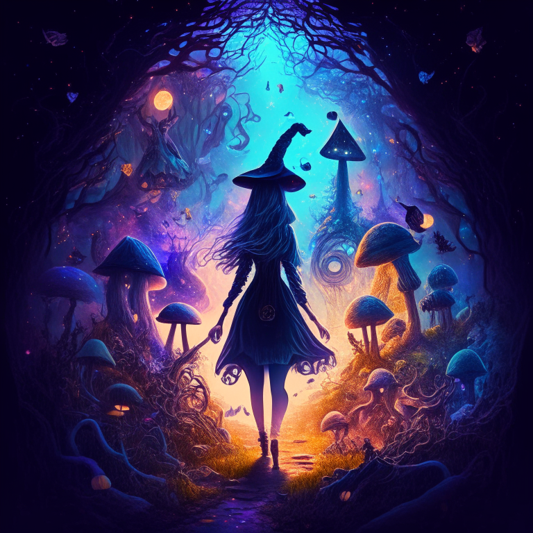 a witch walking in a mystical dreamscape surrounded by spiritual mushrooms and magical symbols