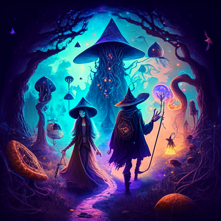 a witch and a wizard walking in a mystical dreamscape surrounded by spiritual mushrooms and magical symbols