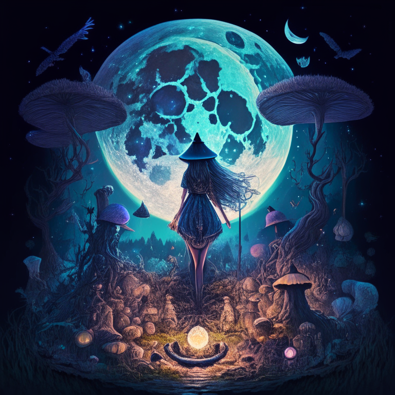 a witch standing in a mystical dreamscape surrounded by spiritual mushrooms and magical symbols, with a full moon in the background