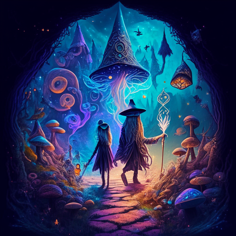 a witch and a wizard walking in a mystical dreamscape surrounded by spiritual mushrooms and magical symbols