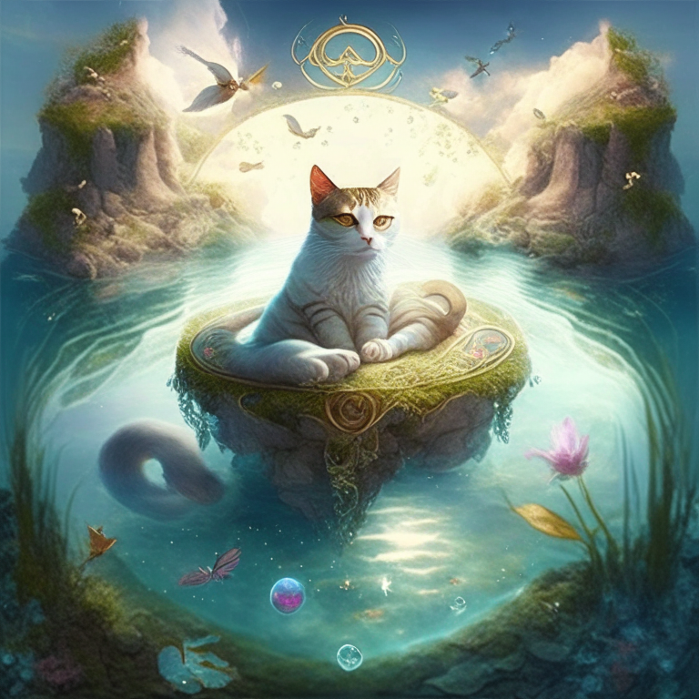a magical cat floating in a heavenly island surrounded by fairies and celtic symbols