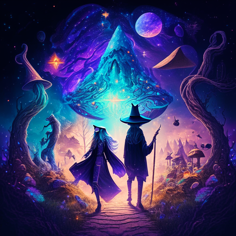 a witch and a wizard walking in a mystical dreamscape surrounded by spiritual mushrooms and magical symbols with galaxies in the background