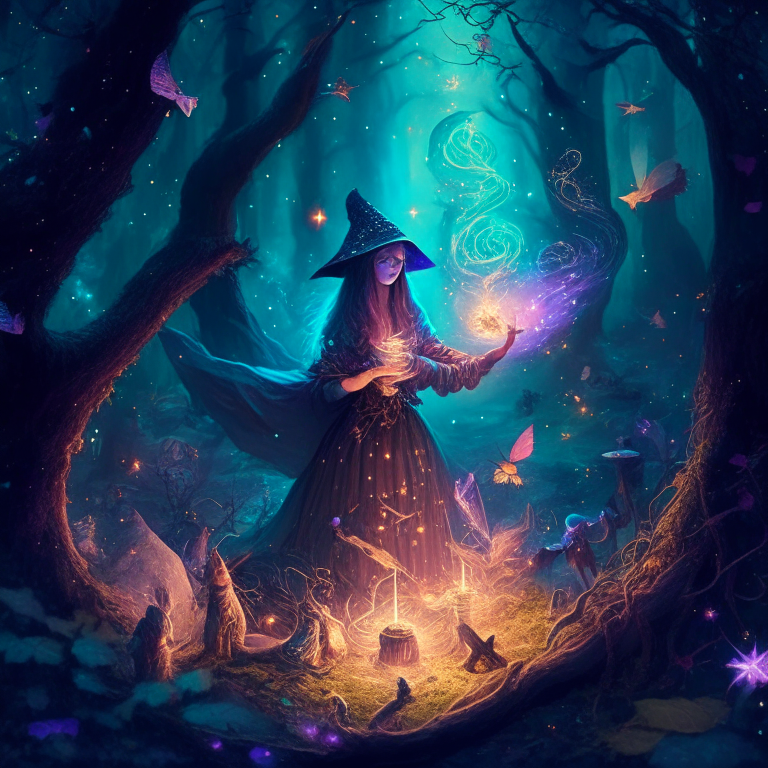 a magical witch making spells in a cosmic forest surrounded by fairies and elfs