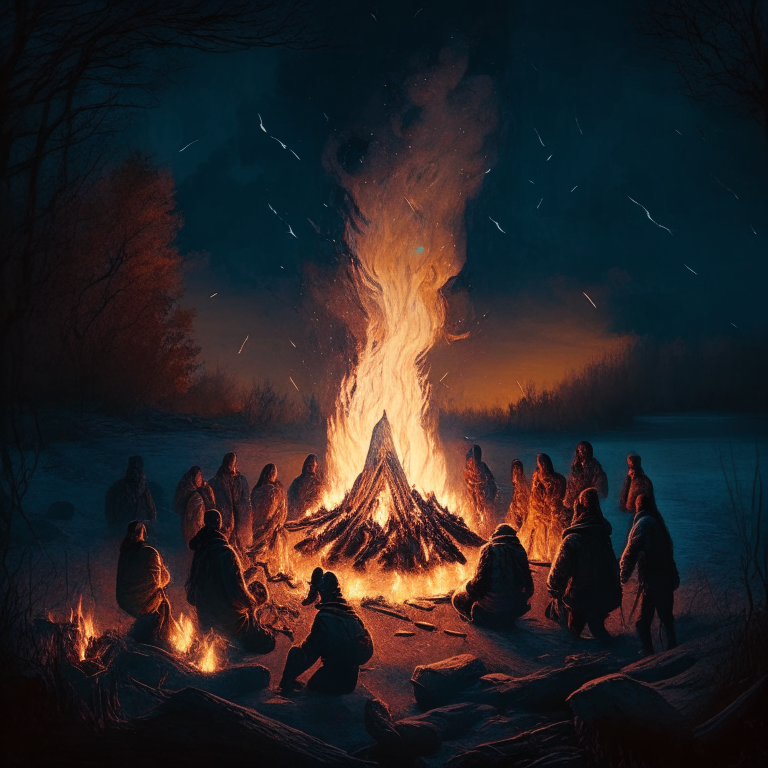 a group of men gathered around a bonfire with a mystical dreamscape surrounding them